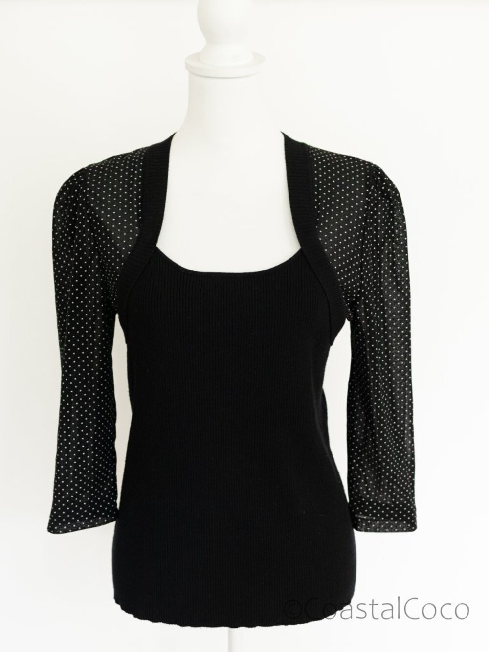 Once 1 Again Vintage Top L Knit Polka Dot Semi Sheer Sleeve & Back Office Preppy